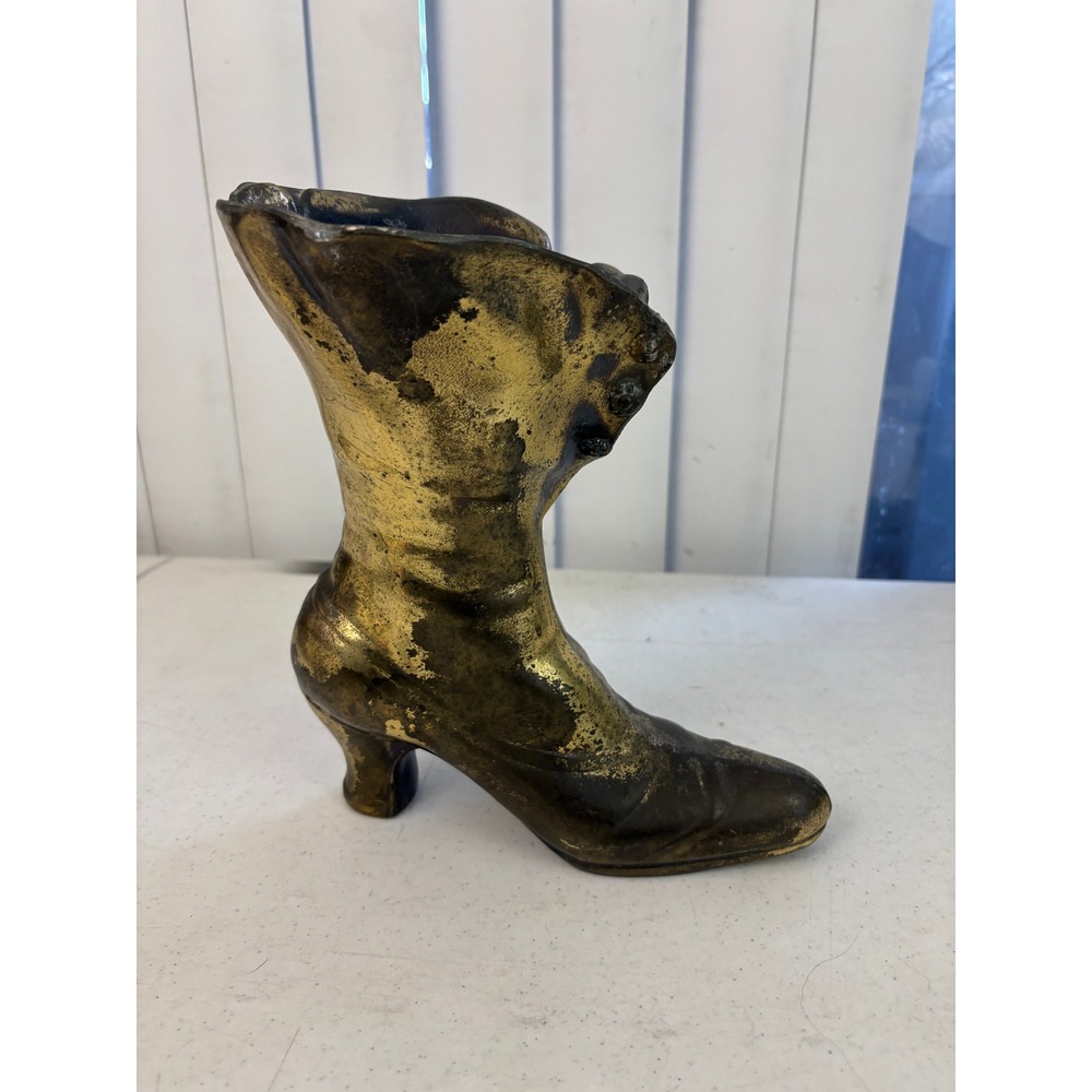 VTG Cast Iron Boot Vase Planter Rustic Western Decor 10" Gold Black Finish READ